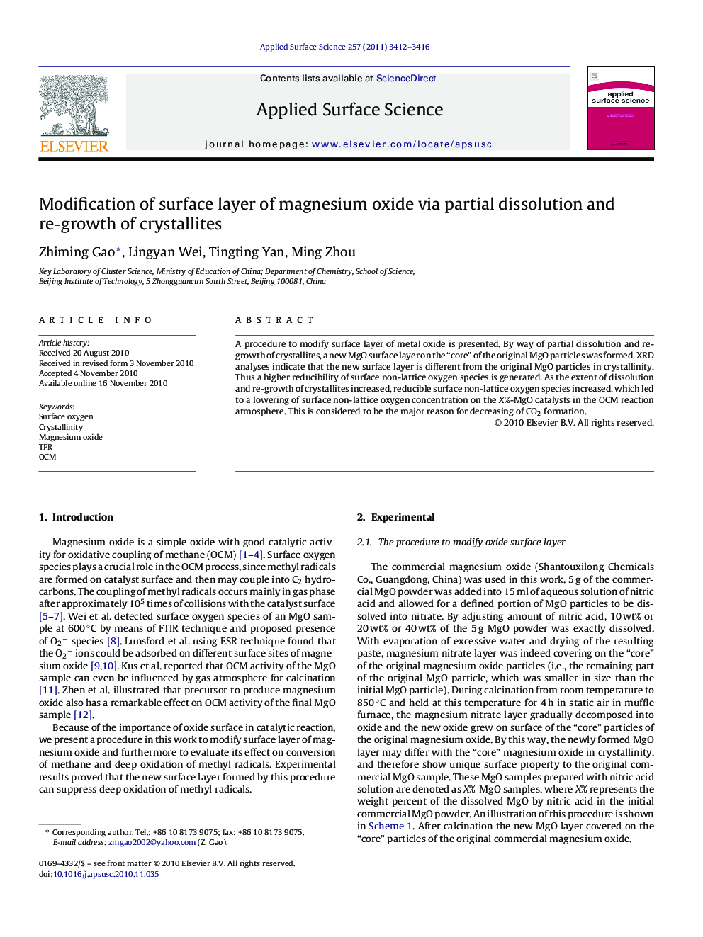 Modification of surface layer of magnesium oxide via partial dissolution and re-growth of crystallites