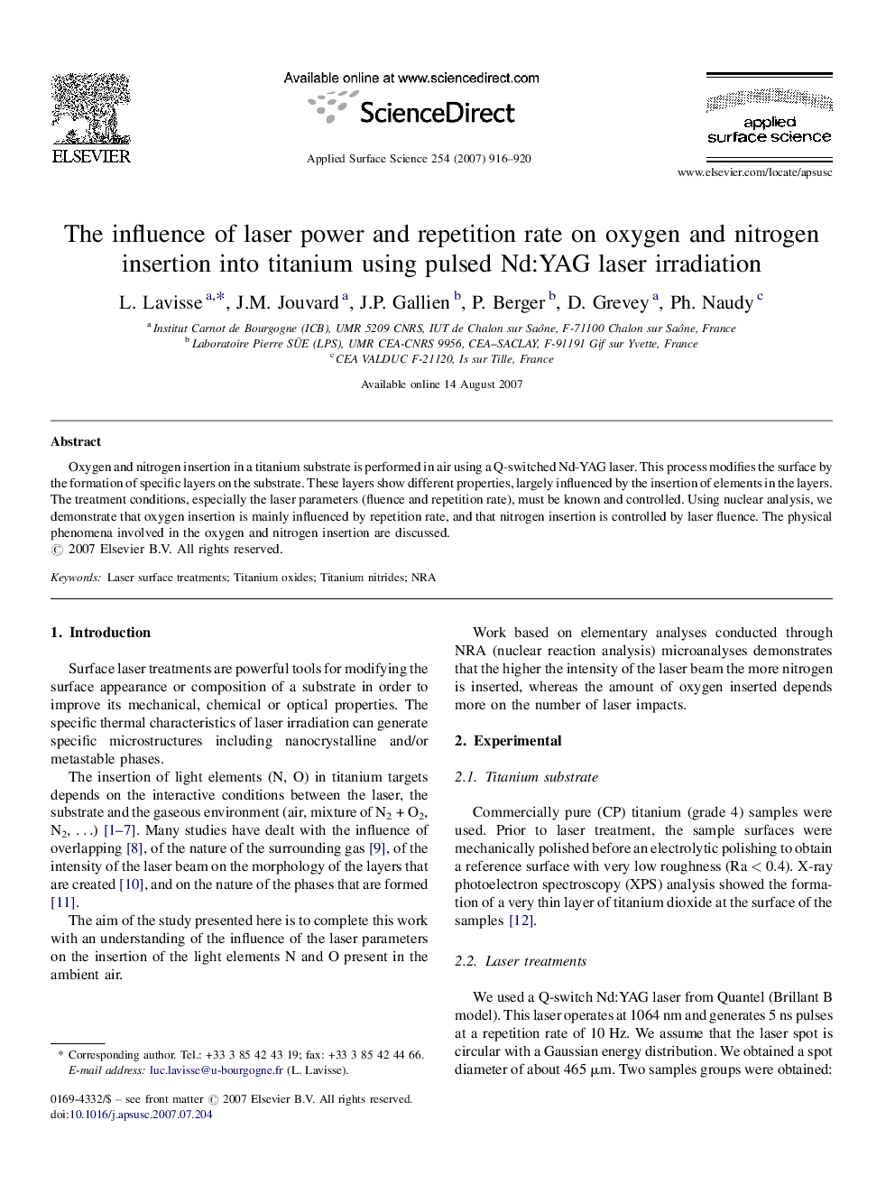 The influence of laser power and repetition rate on oxygen and nitrogen insertion into titanium using pulsed Nd:YAG laser irradiation