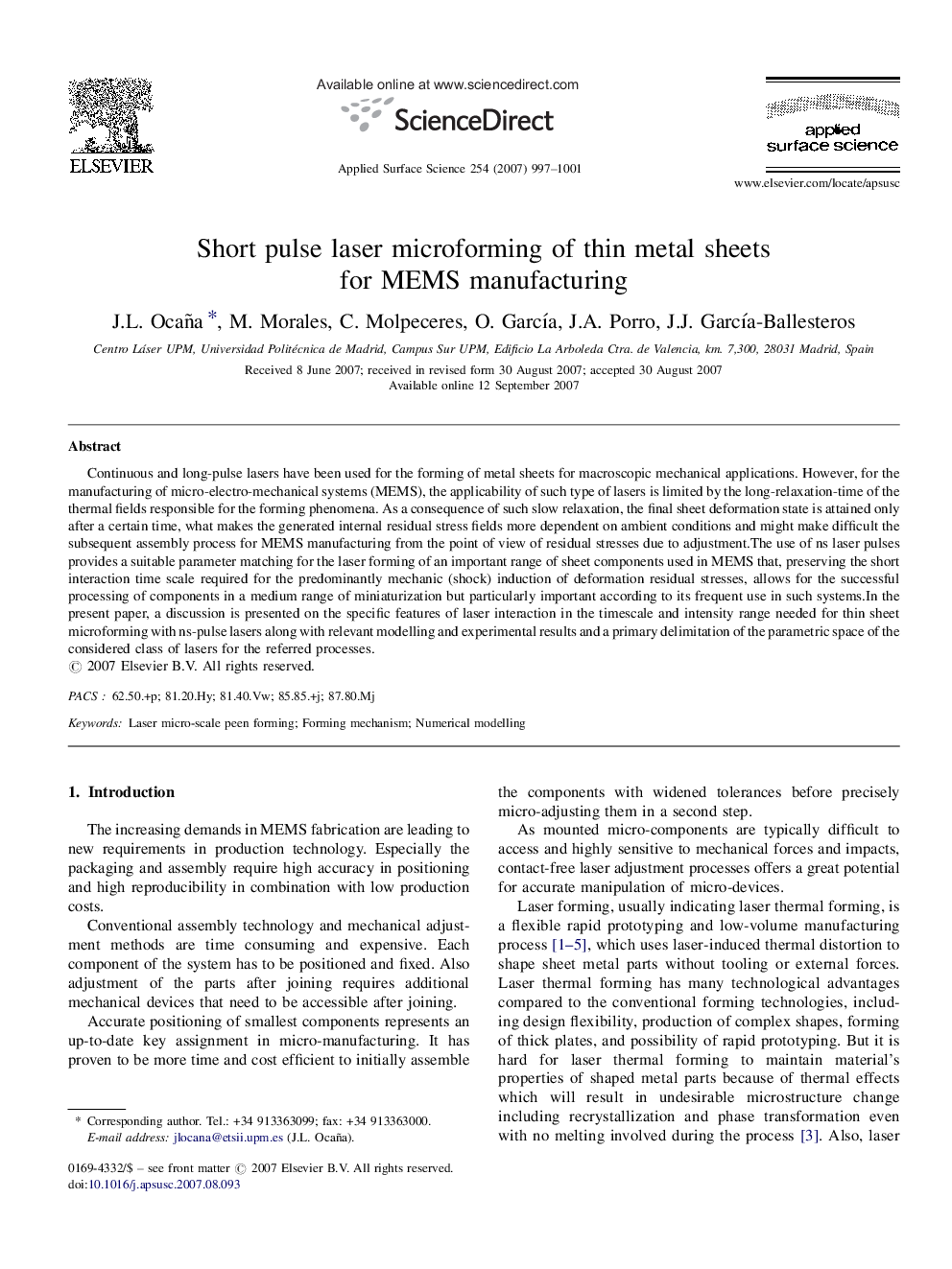 Short pulse laser microforming of thin metal sheets for MEMS manufacturing