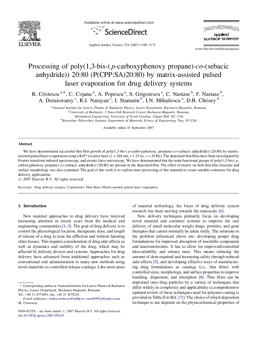 Processing of poly(1,3-bis-(p-carboxyphenoxy propane)-co-(sebacic anhydride)) 20:80 (P(CPP:SA)20:80) by matrix-assisted pulsed laser evaporation for drug delivery systems