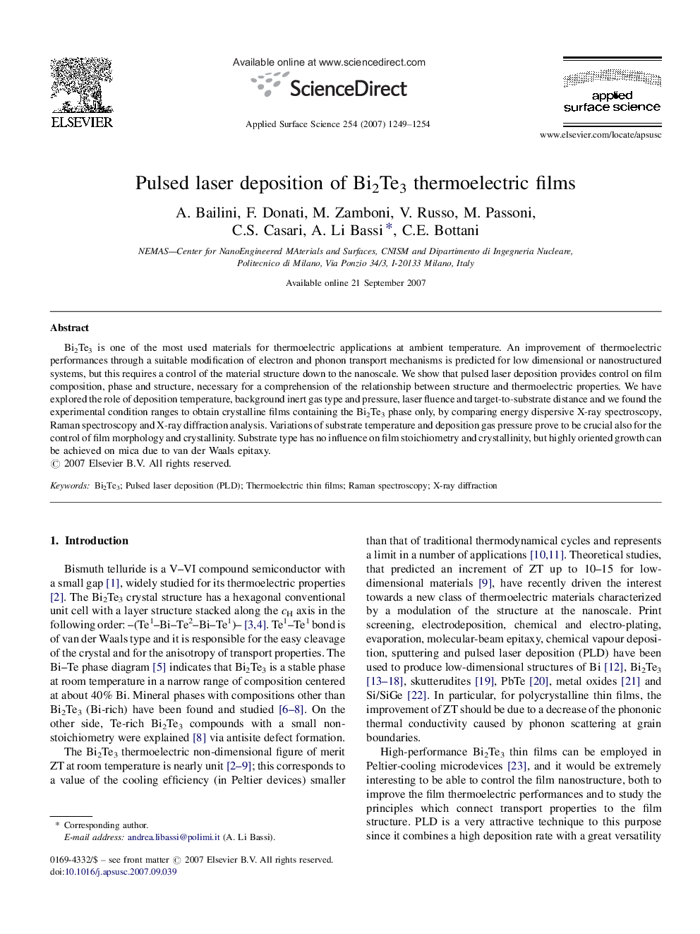 Pulsed laser deposition of Bi2Te3 thermoelectric films