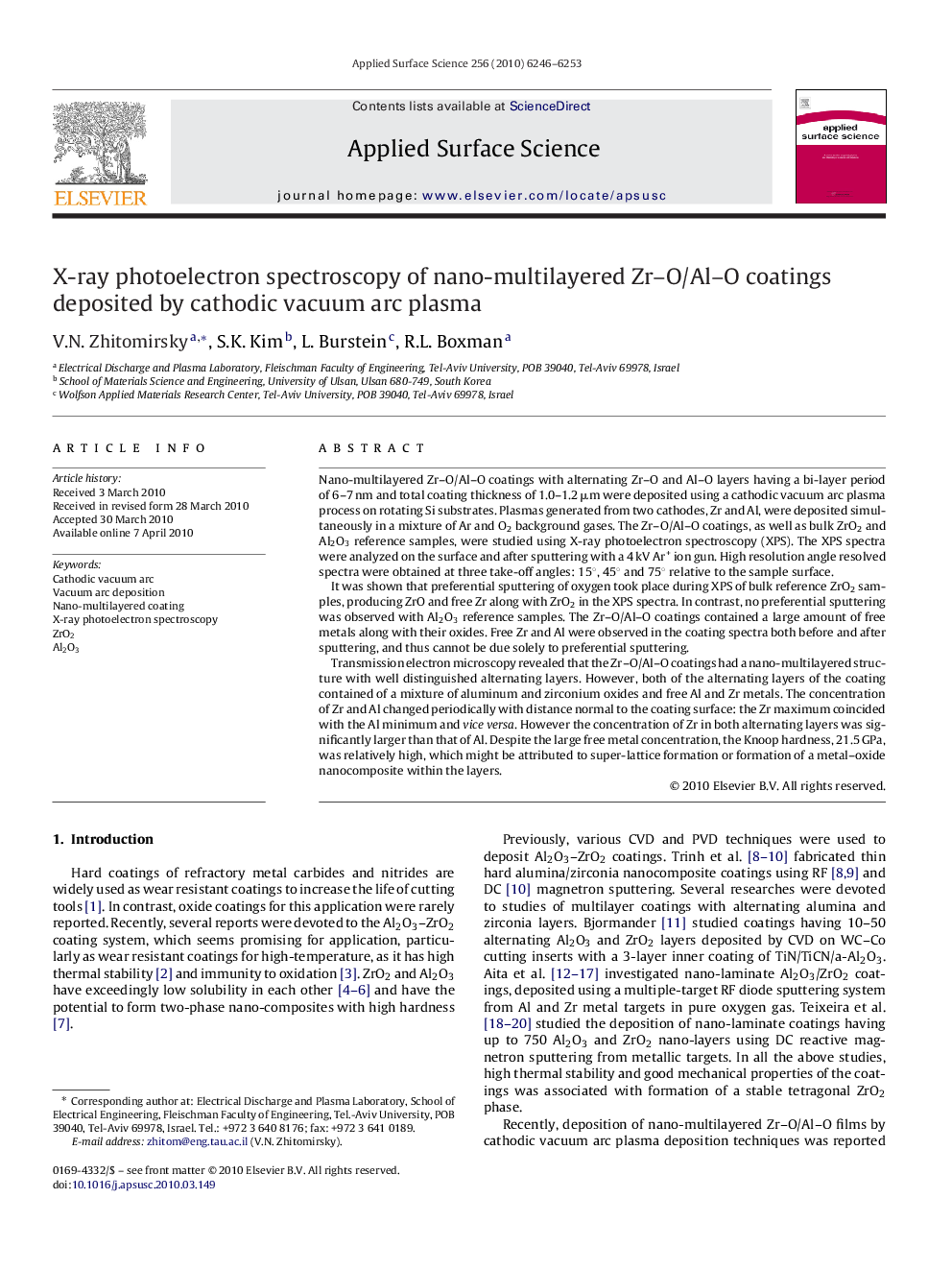 X-ray photoelectron spectroscopy of nano-multilayered Zr-O/Al-O coatings deposited by cathodic vacuum arc plasma