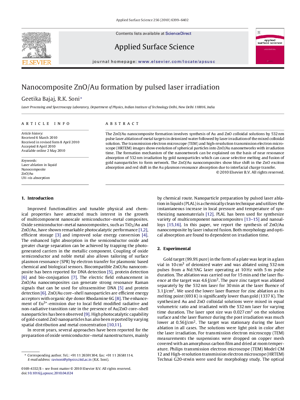 Nanocomposite ZnO/Au formation by pulsed laser irradiation