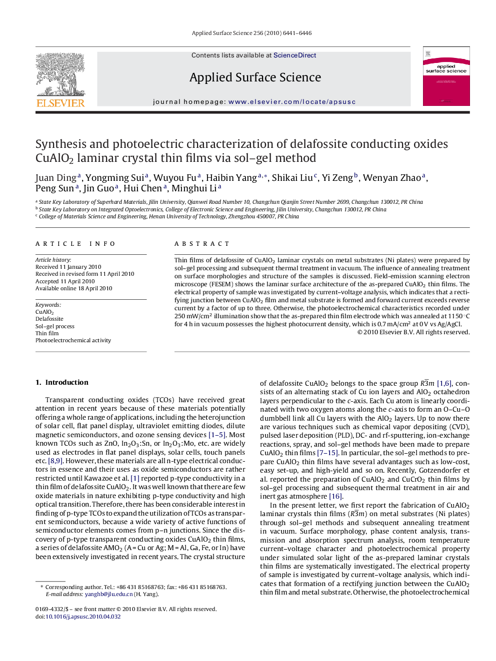 Synthesis and photoelectric characterization of delafossite conducting oxides CuAlO2 laminar crystal thin films via sol-gel method