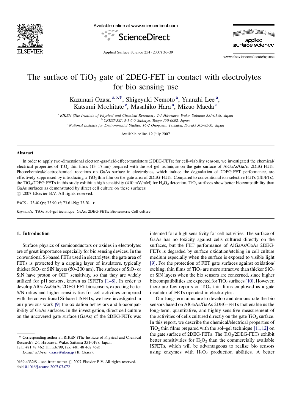 The surface of TiO2 gate of 2DEG-FET in contact with electrolytes for bio sensing use