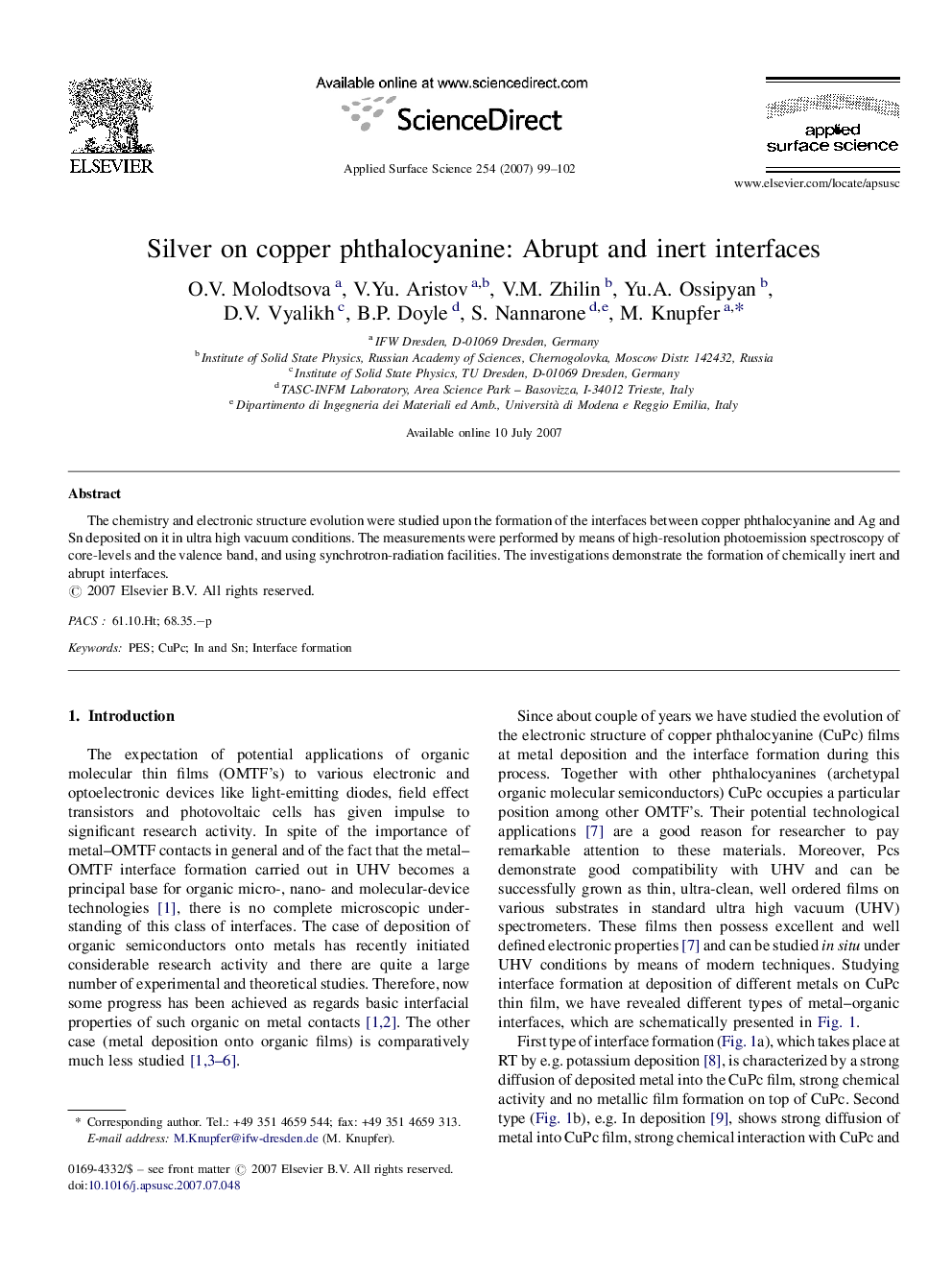 Silver on copper phthalocyanine: Abrupt and inert interfaces