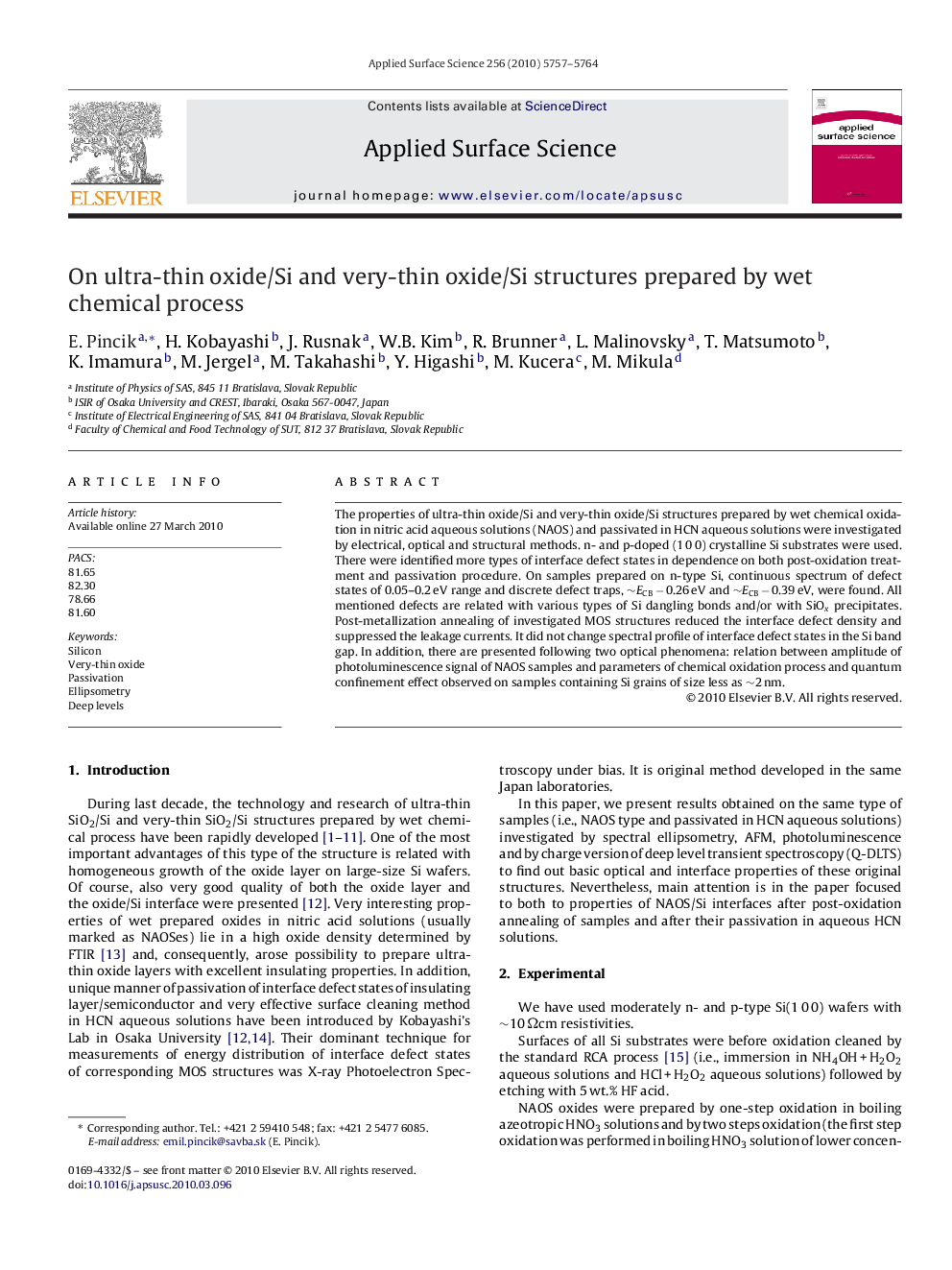 On ultra-thin oxide/Si and very-thin oxide/Si structures prepared by wet chemical process