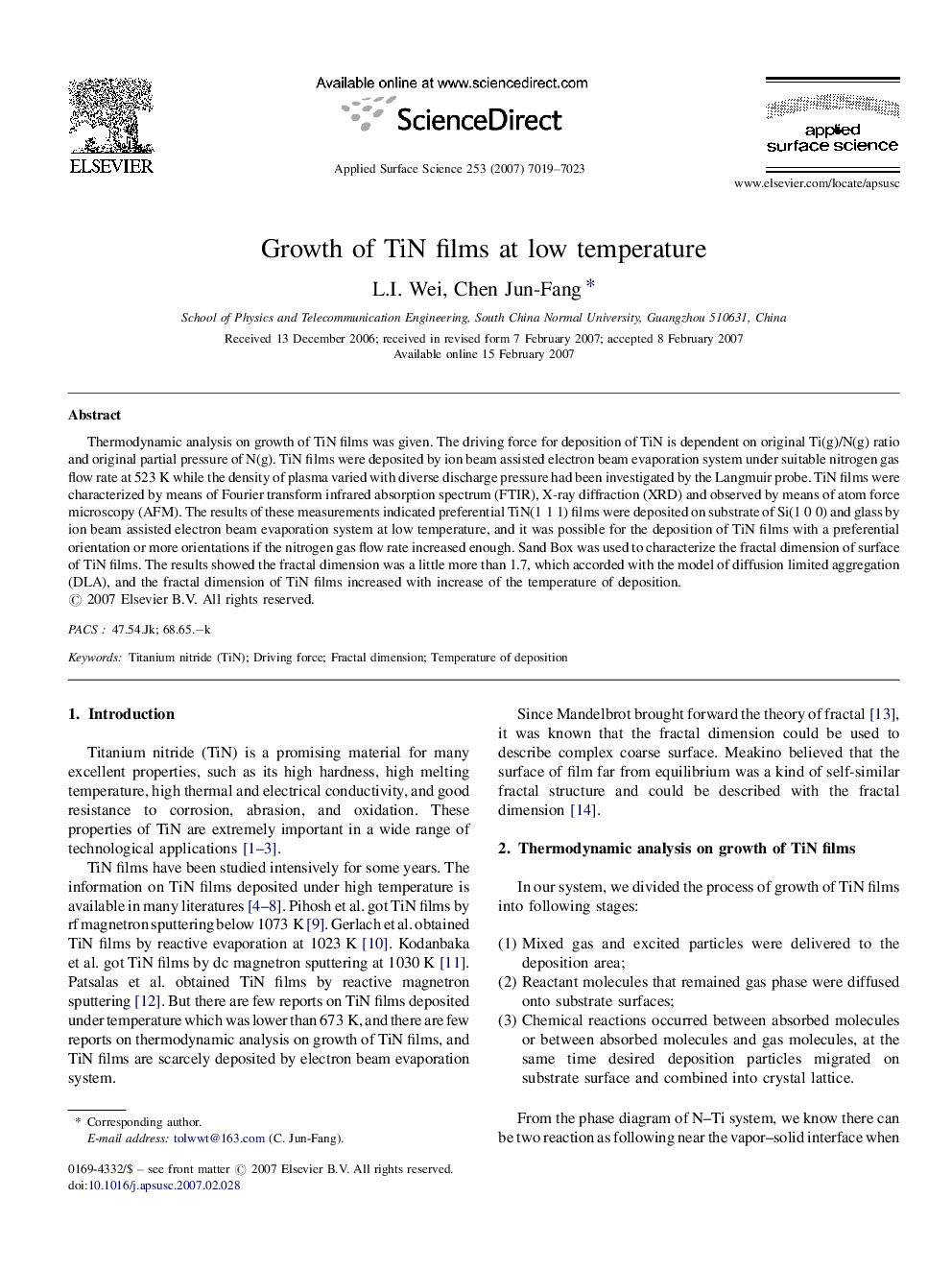 Growth of TiN films at low temperature