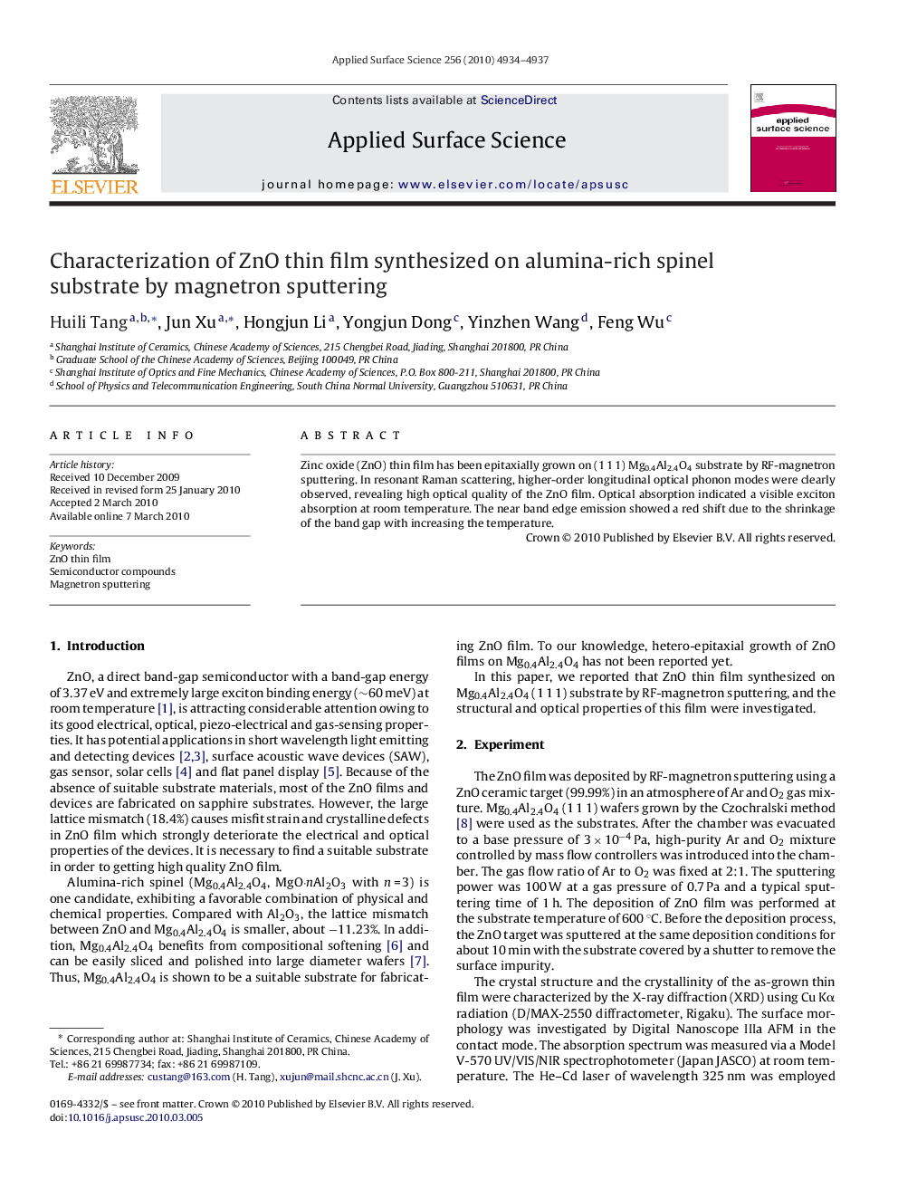 Characterization of ZnO thin film synthesized on alumina-rich spinel substrate by magnetron sputtering