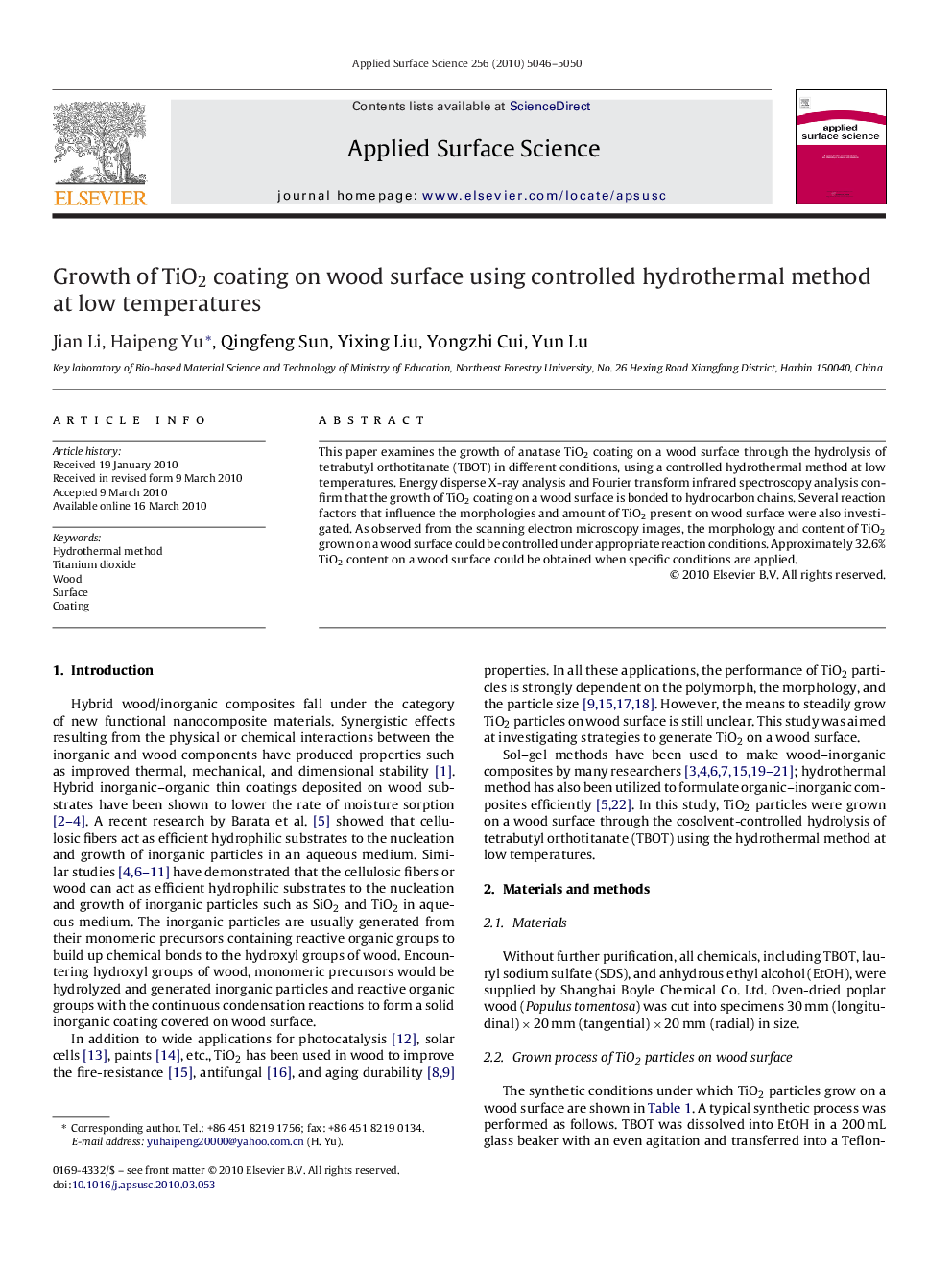 Growth of TiO2 coating on wood surface using controlled hydrothermal method at low temperatures