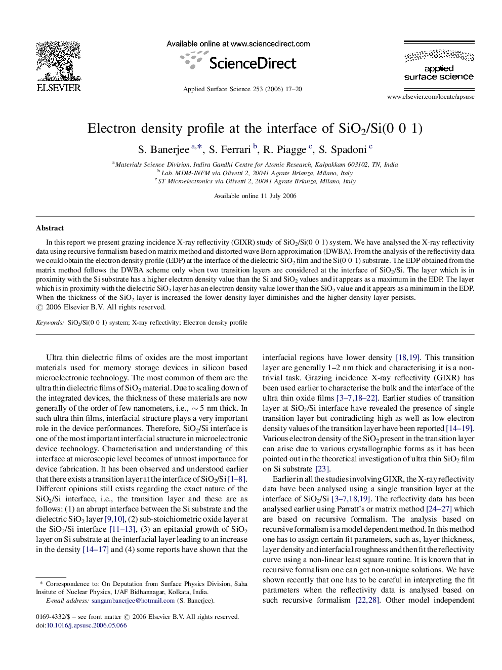 Electron density profile at the interface of SiO2/Si(0â0â1)