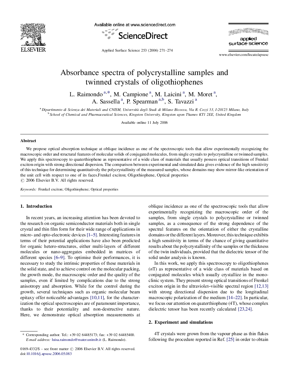 Absorbance spectra of polycrystalline samples and twinned crystals of oligothiophenes