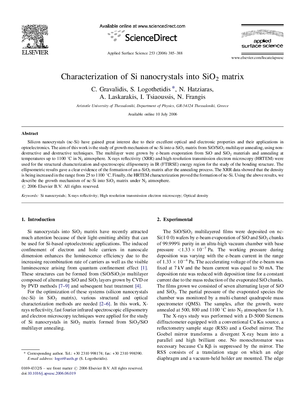 Characterization of Si nanocrystals into SiO2 matrix