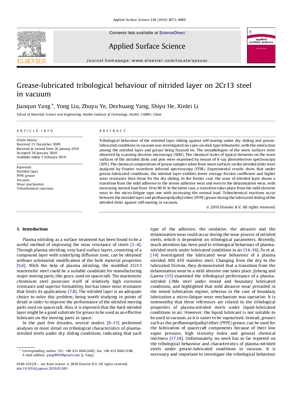 Grease-lubricated tribological behaviour of nitrided layer on 2Cr13 steel in vacuum