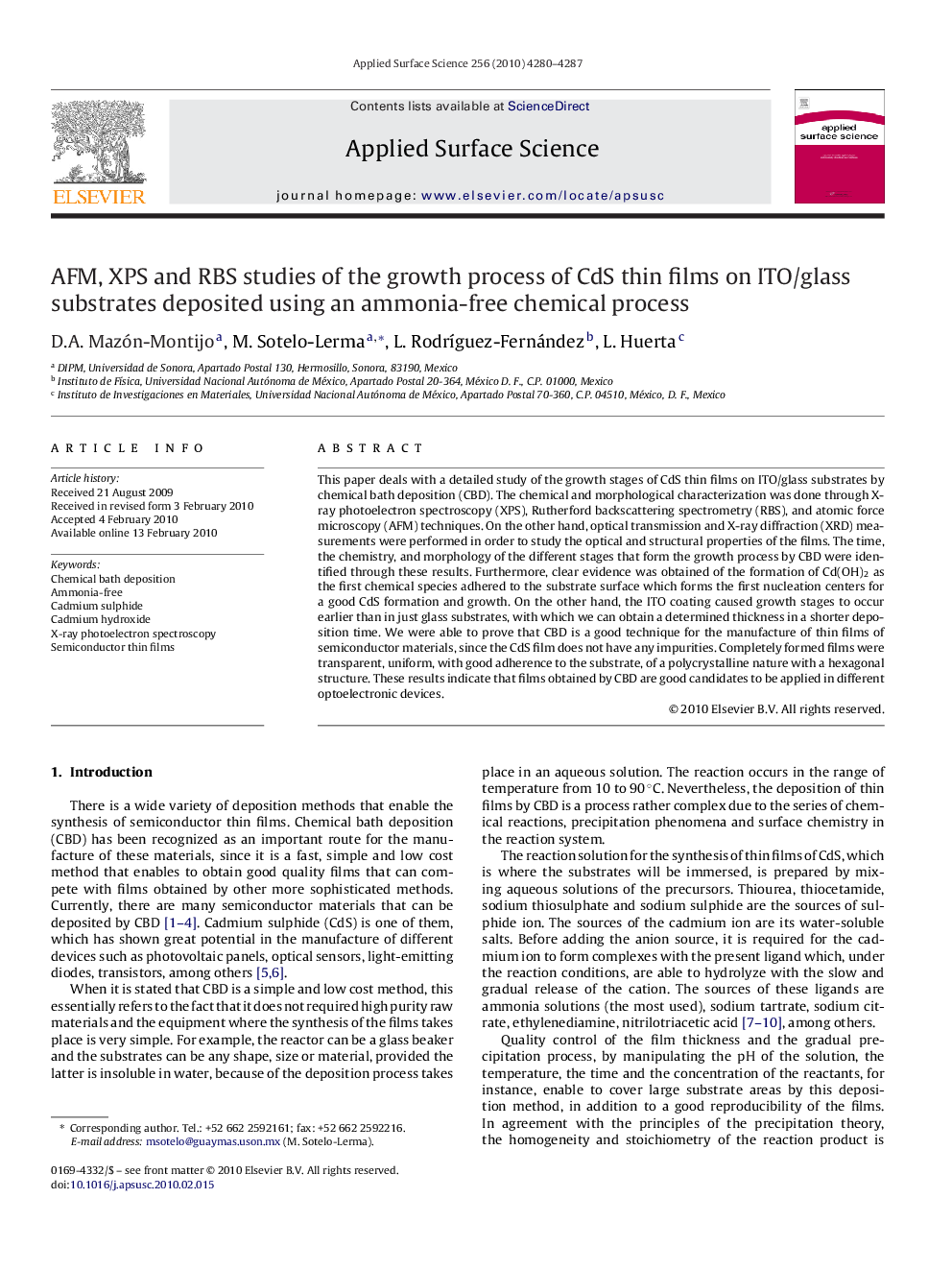 AFM, XPS and RBS studies of the growth process of CdS thin films on ITO/glass substrates deposited using an ammonia-free chemical process