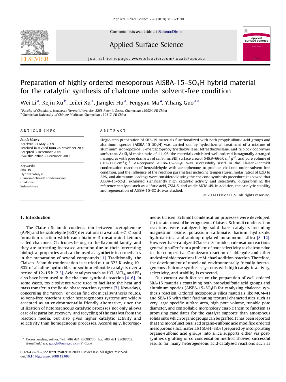 Preparation of highly ordered mesoporous AlSBA-15-SO3H hybrid material for the catalytic synthesis of chalcone under solvent-free condition