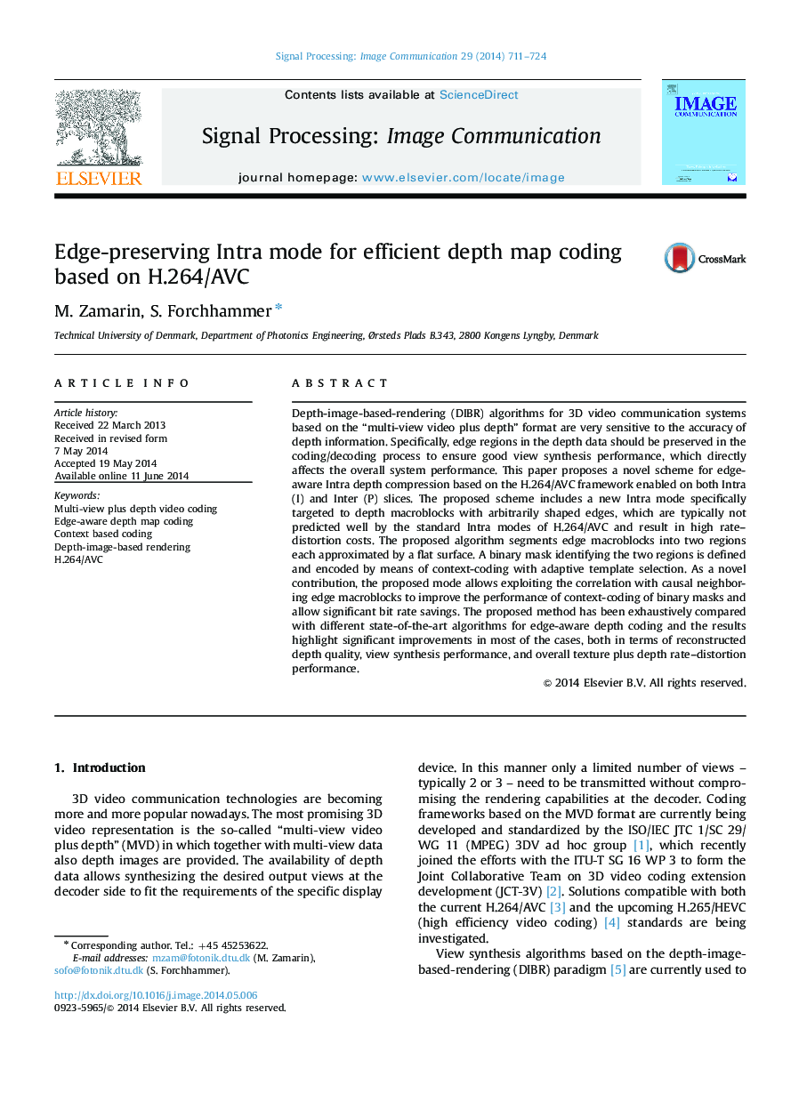 Edge-preserving Intra mode for efficient depth map coding based on H.264/AVC