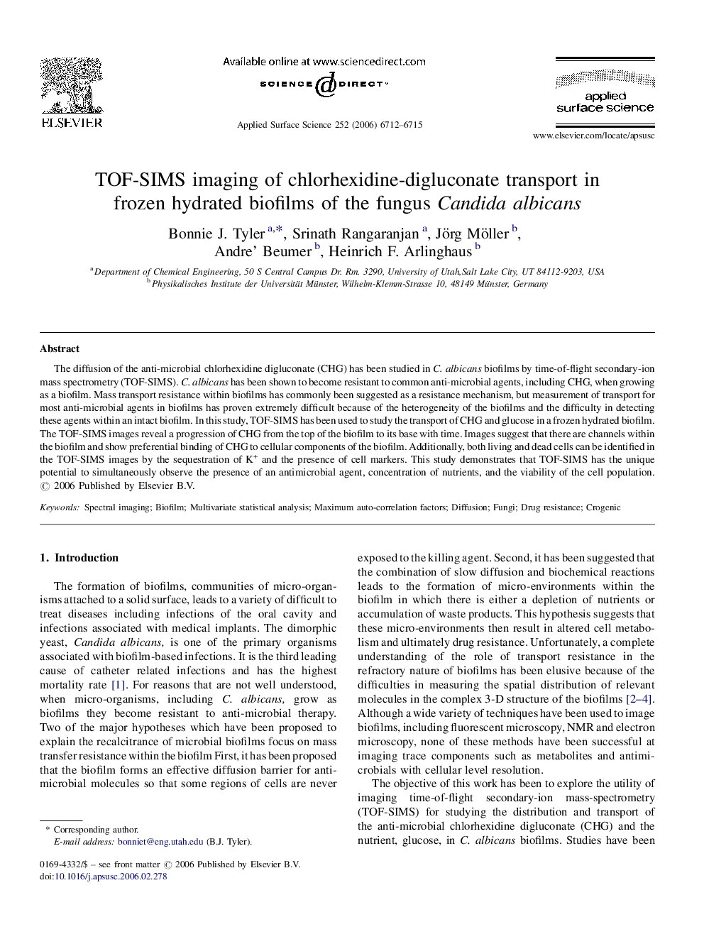 TOF-SIMS imaging of chlorhexidine-digluconate transport in frozen hydrated biofilms of the fungus Candida albicans