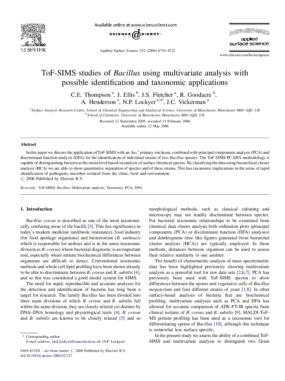 ToF-SIMS studies of Bacillus using multivariate analysis with possible identification and taxonomic applications
