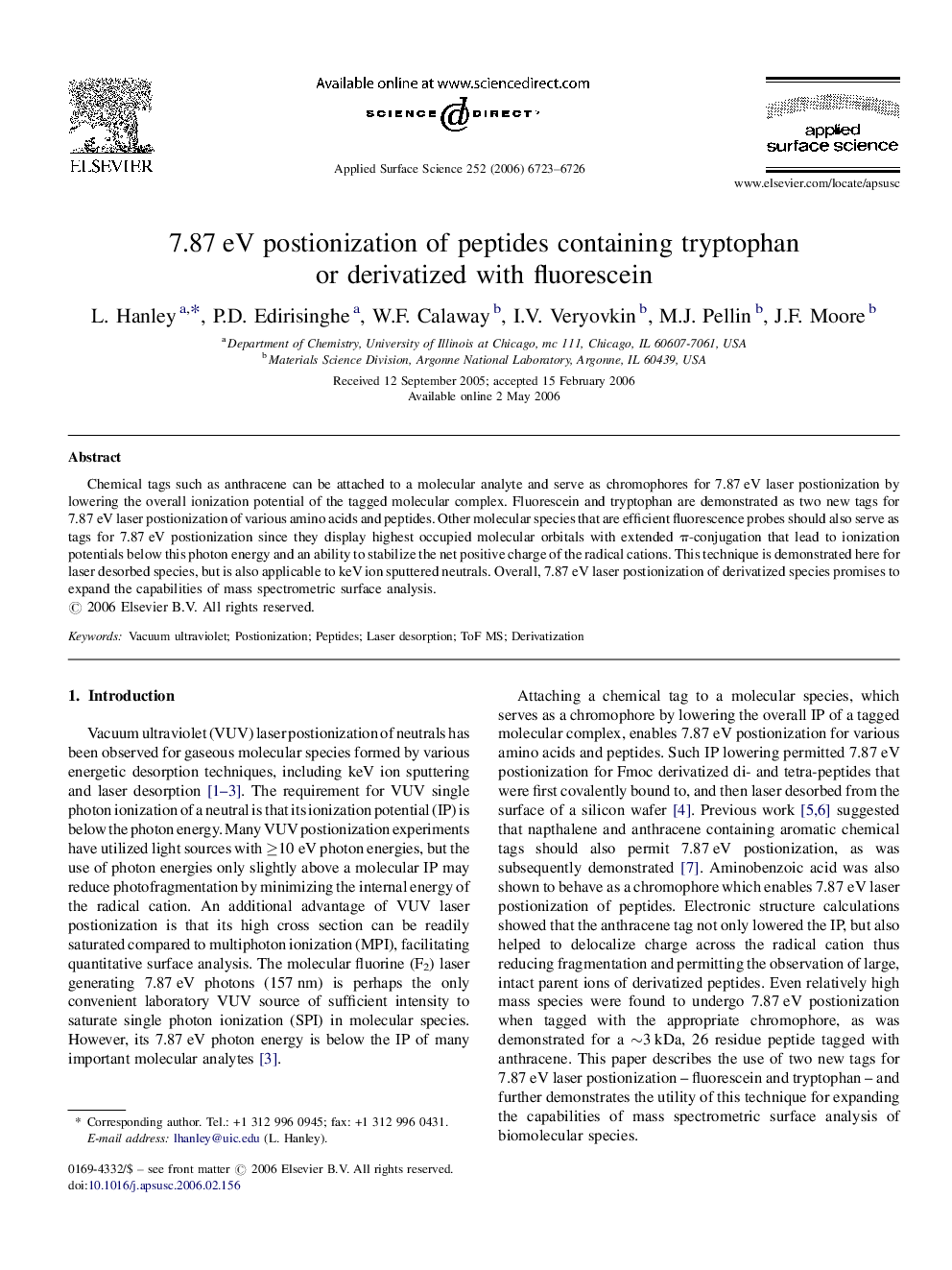 7.87 eV postionization of peptides containing tryptophan or derivatized with fluorescein