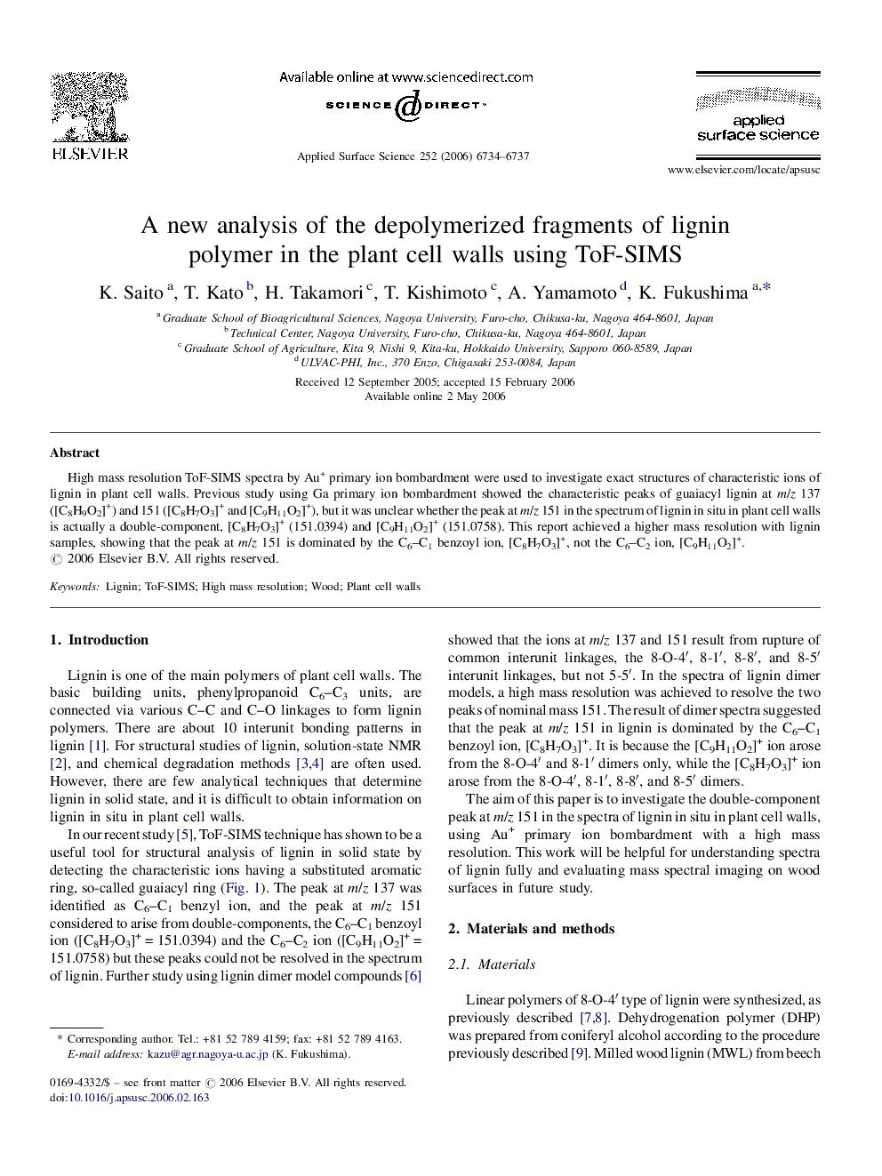 A new analysis of the depolymerized fragments of lignin polymer in the plant cell walls using ToF-SIMS