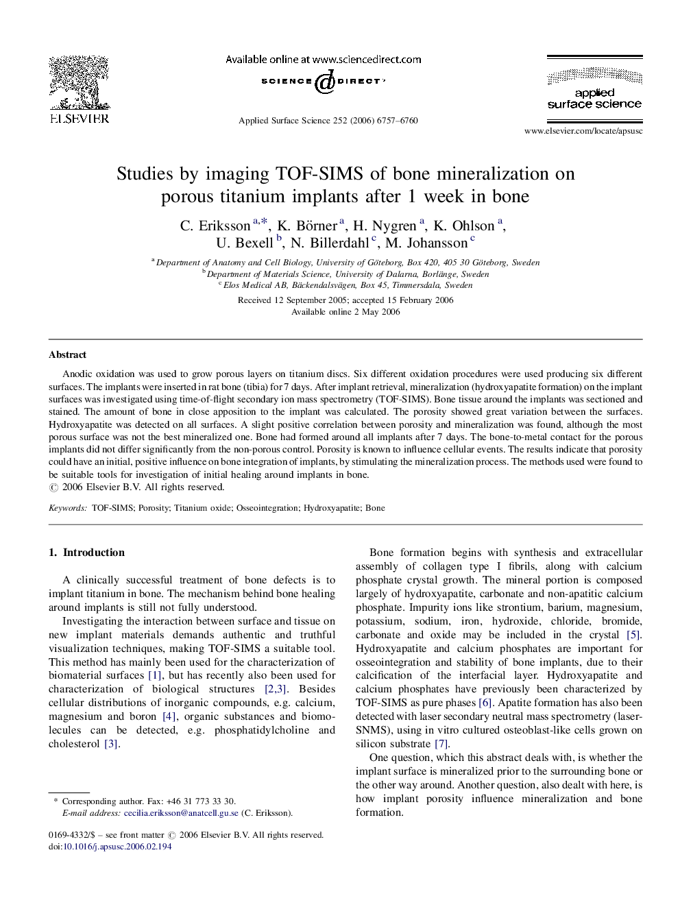 Studies by imaging TOF-SIMS of bone mineralization on porous titanium implants after 1 week in bone