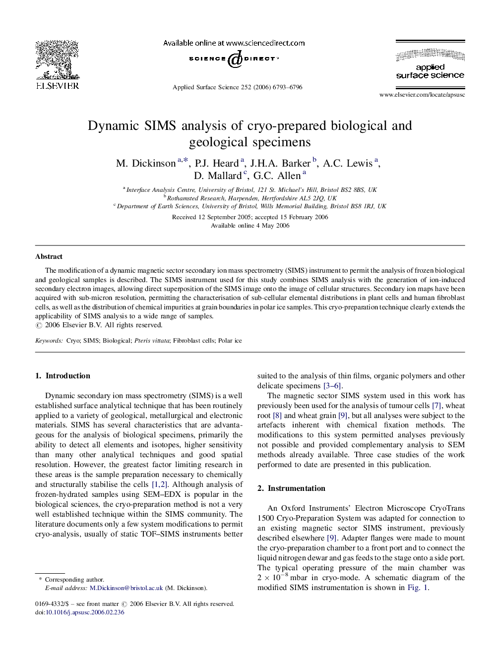 Dynamic SIMS analysis of cryo-prepared biological and geological specimens