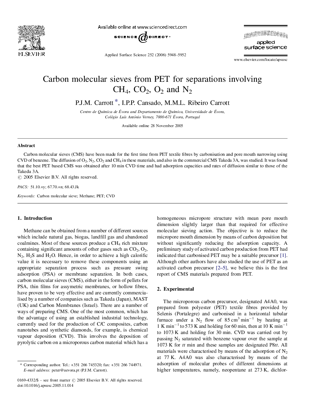 Carbon molecular sieves from PET for separations involving CH4, CO2, O2 and N2