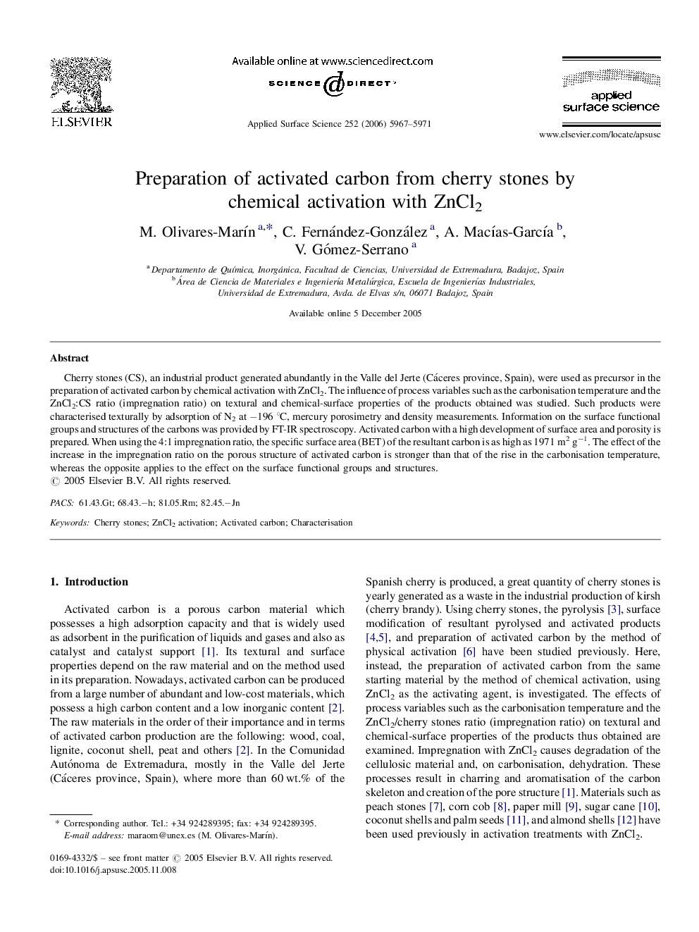 Preparation of activated carbon from cherry stones by chemical activation with ZnCl2
