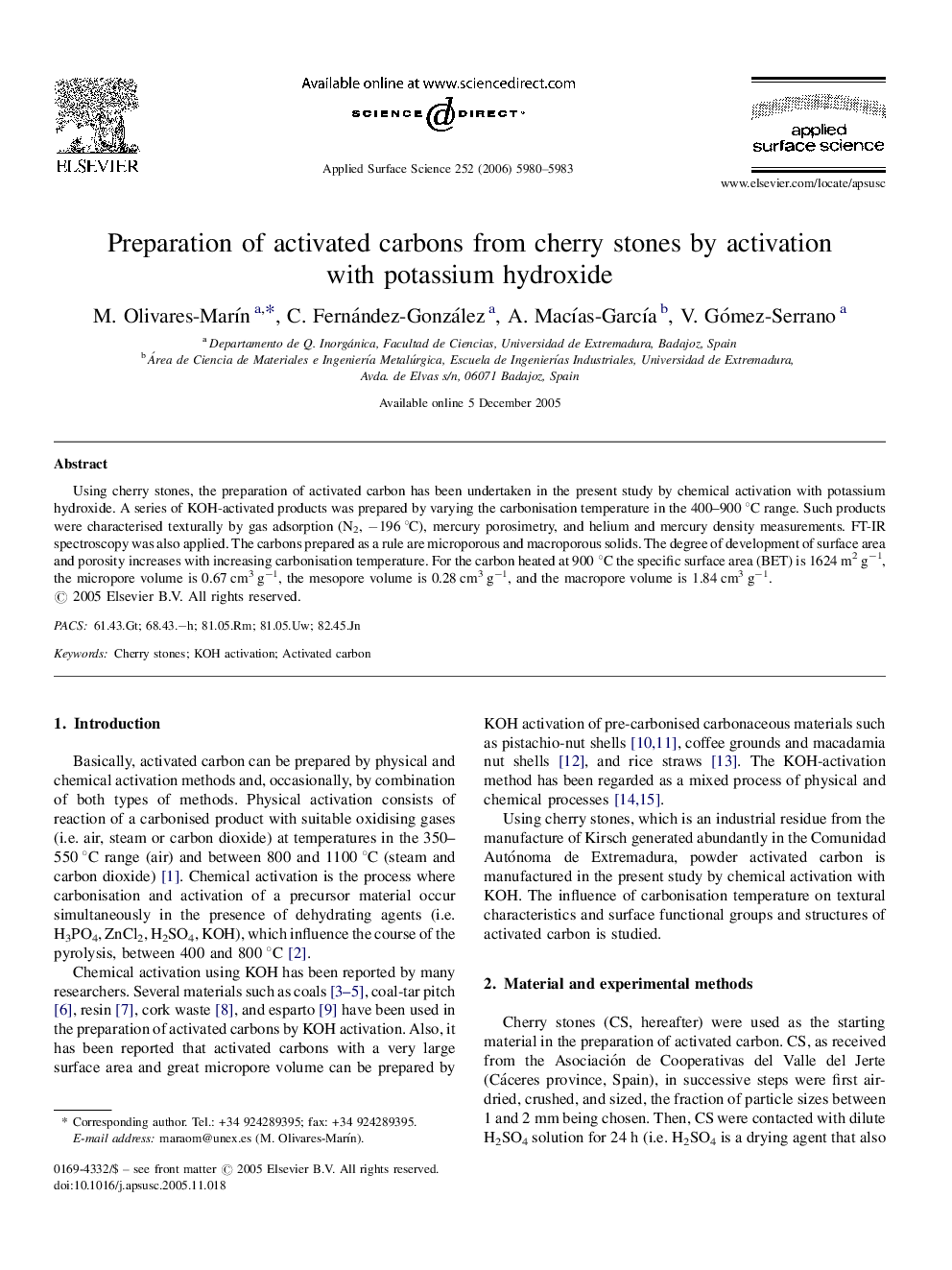 Preparation of activated carbons from cherry stones by activation with potassium hydroxide