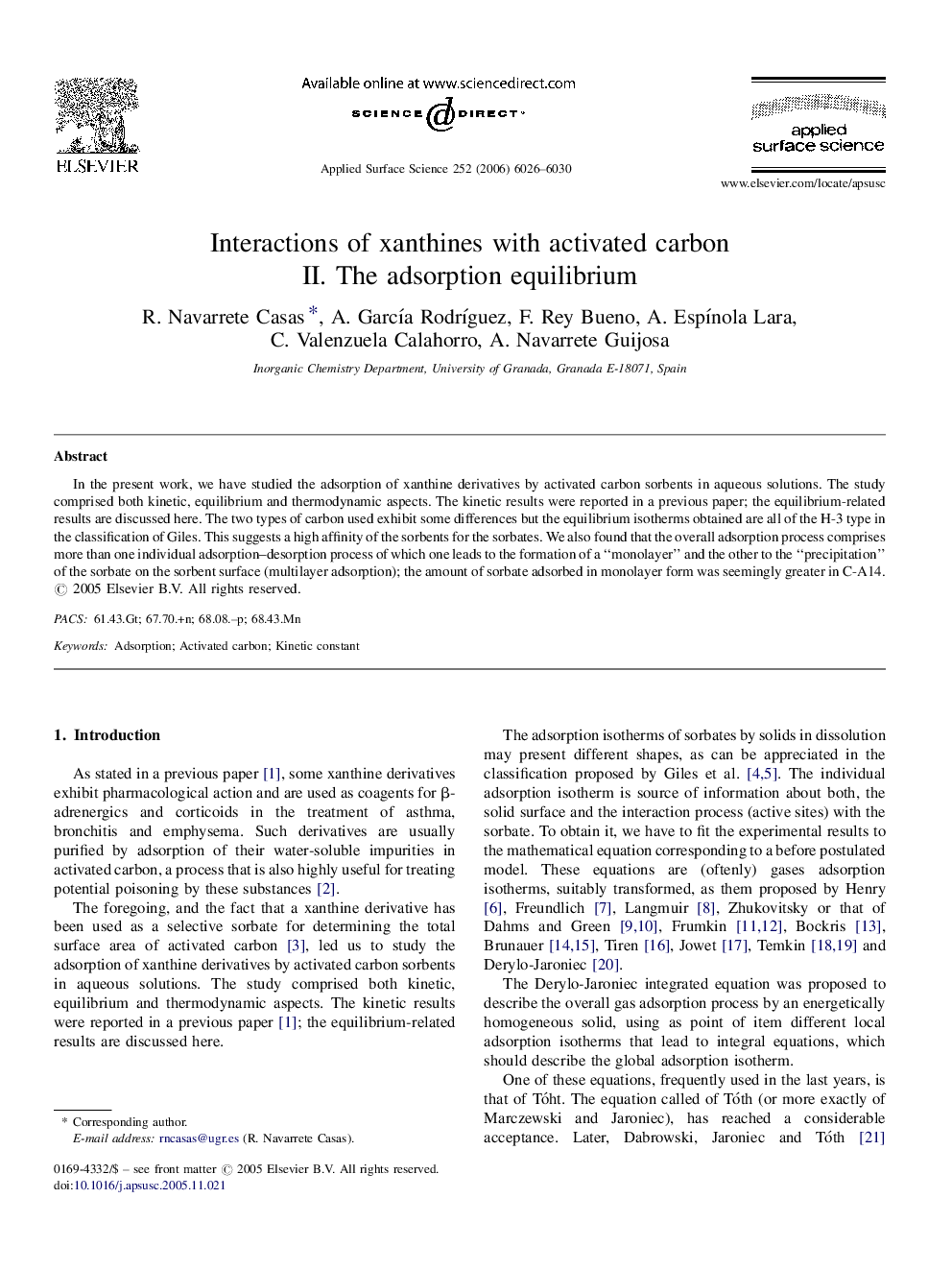 Interactions of xanthines with activated carbon: II. The adsorption equilibrium