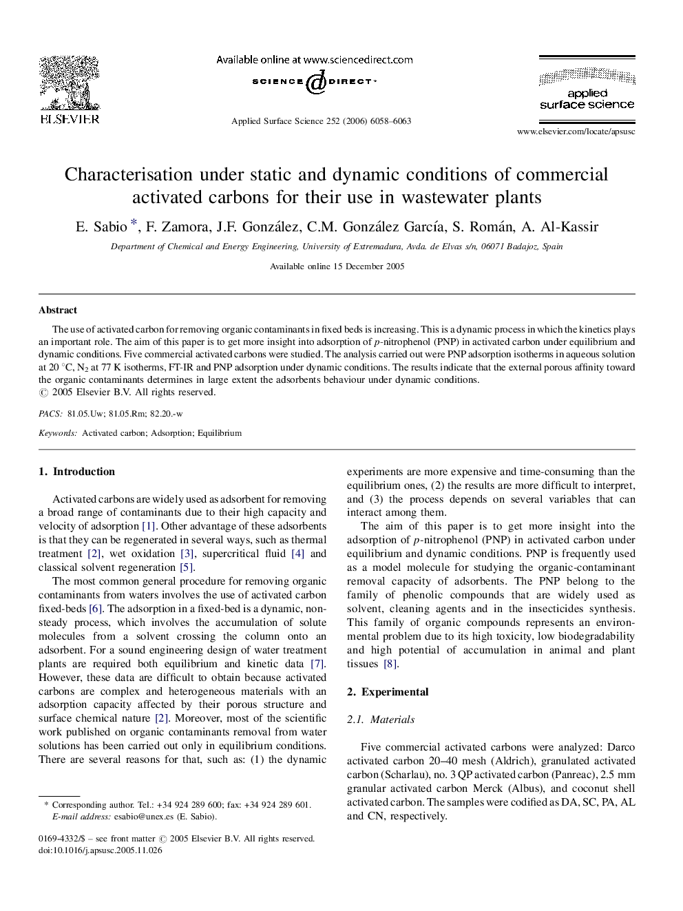 Characterisation under static and dynamic conditions of commercial activated carbons for their use in wastewater plants