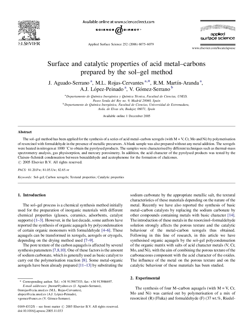 Surface and catalytic properties of acid metal-carbons prepared by the sol-gel method