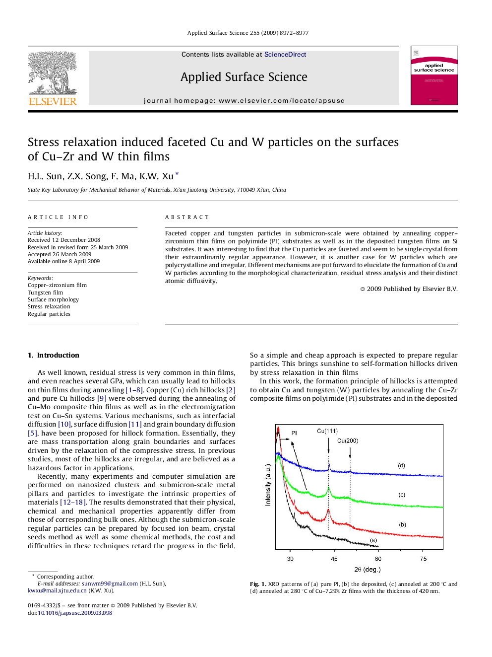 Stress relaxation induced faceted Cu and W particles on the surfaces of Cu-Zr and W thin films