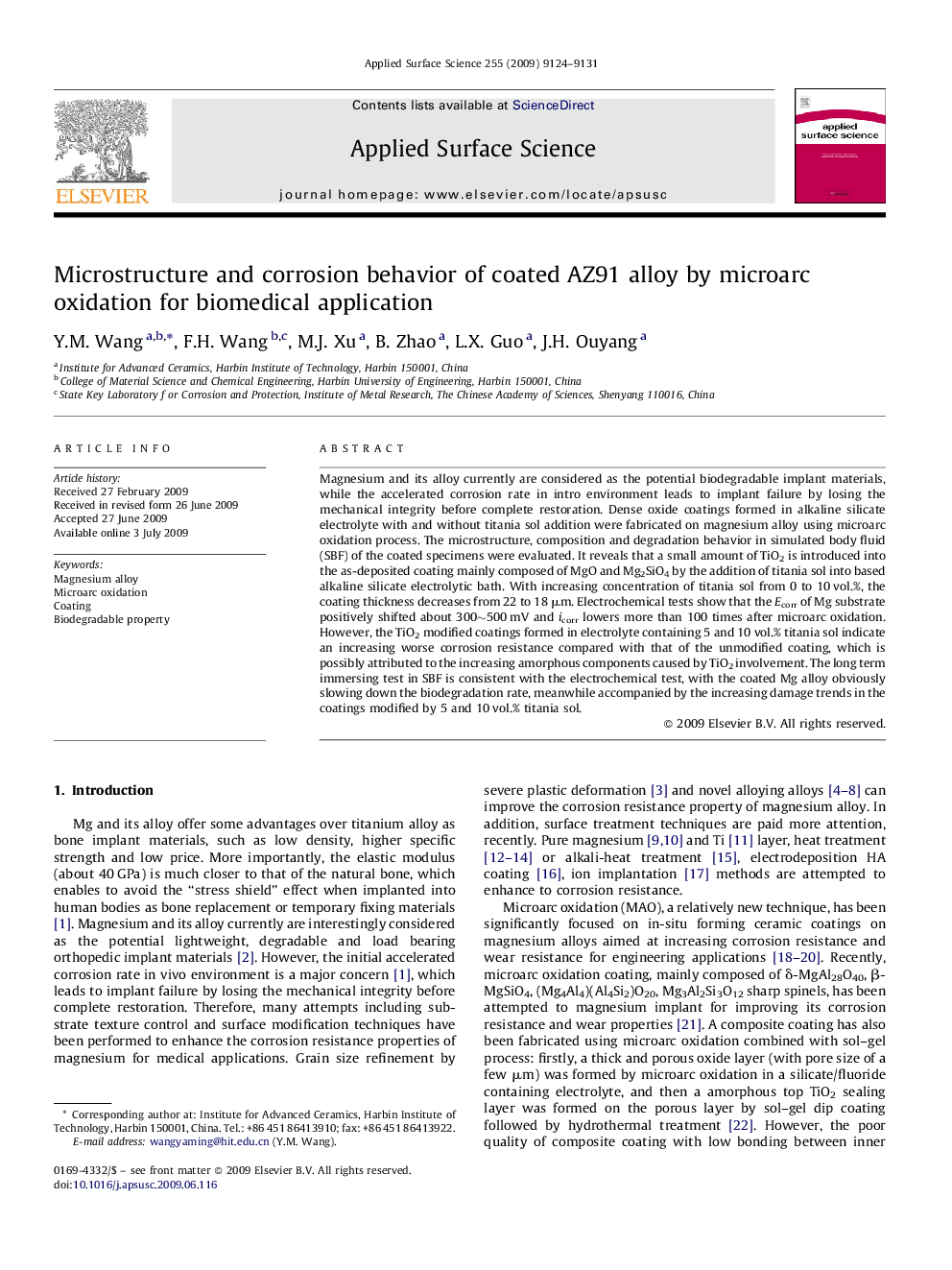 Microstructure and corrosion behavior of coated AZ91 alloy by microarc oxidation for biomedical application