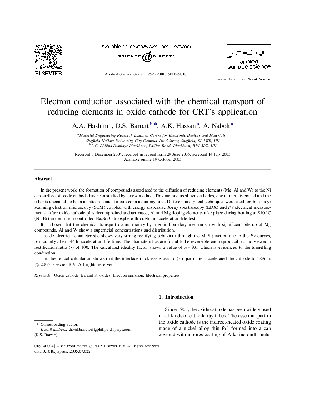 Electron conduction associated with the chemical transport of reducing elements in oxide cathode for CRT's application