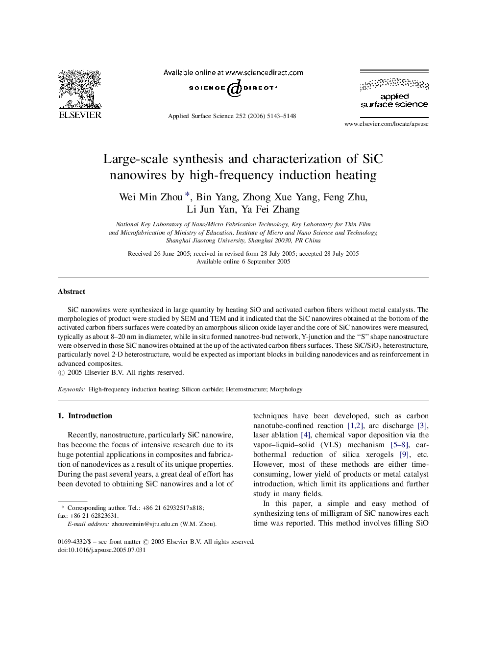 Large-scale synthesis and characterization of SiC nanowires by high-frequency induction heating