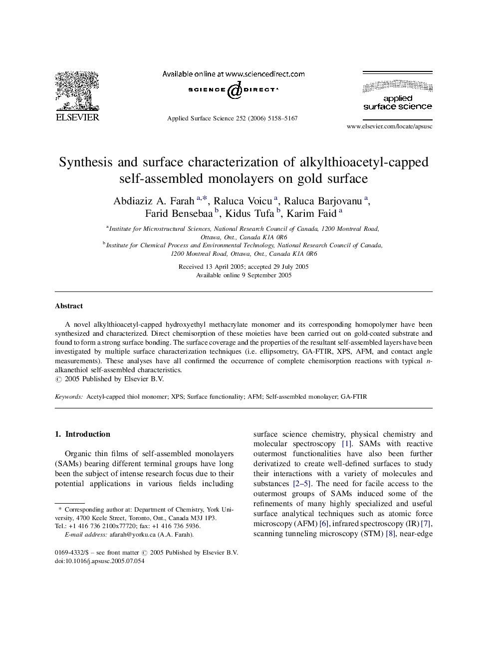 Synthesis and surface characterization of alkylthioacetyl-capped self-assembled monolayers on gold surface