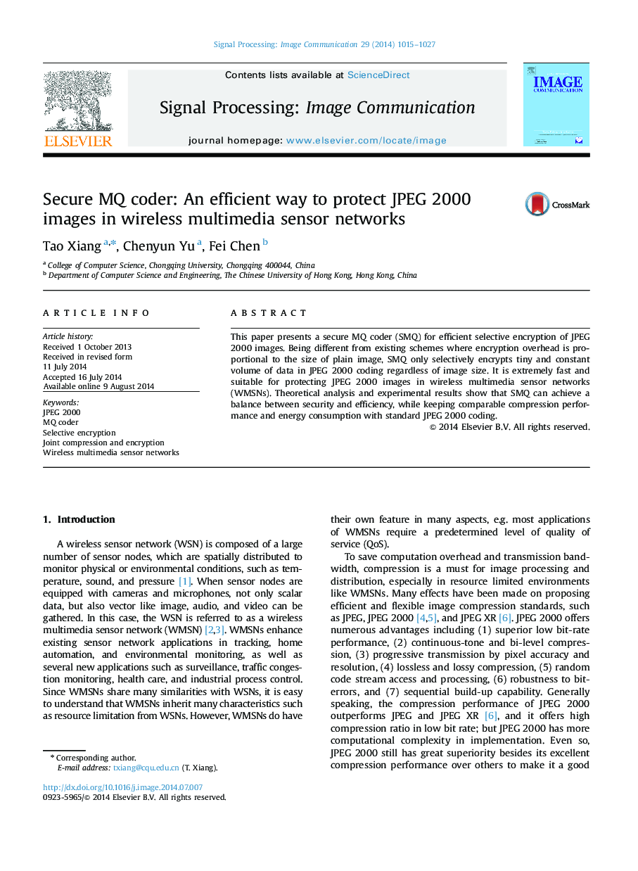 Secure MQ coder: An efficient way to protect JPEG 2000 images in wireless multimedia sensor networks