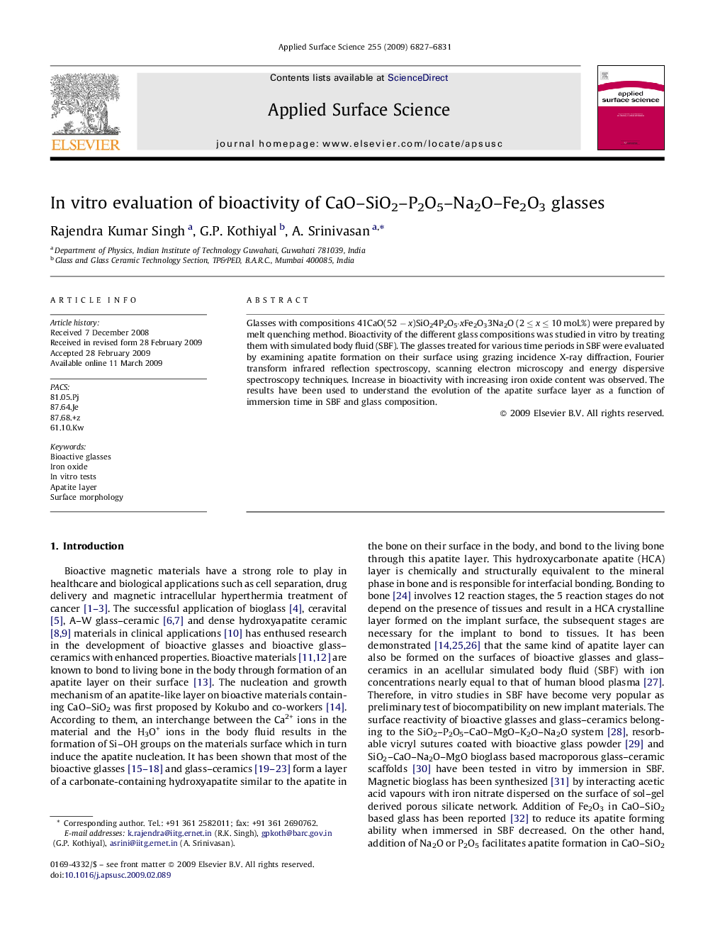 In vitro evaluation of bioactivity of CaO-SiO2-P2O5-Na2O-Fe2O3 glasses