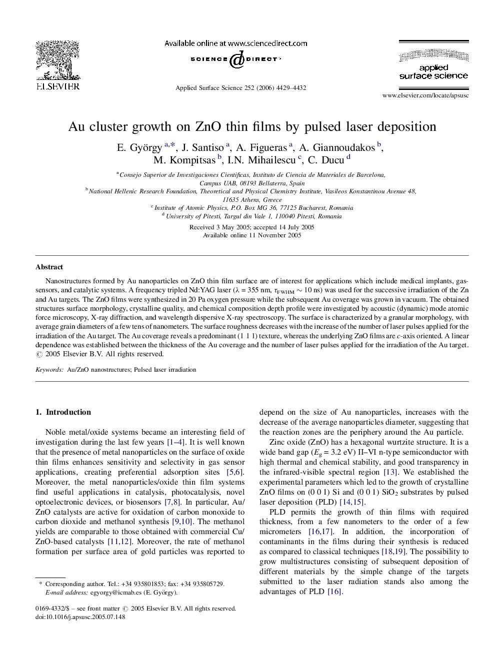 Au cluster growth on ZnO thin films by pulsed laser deposition