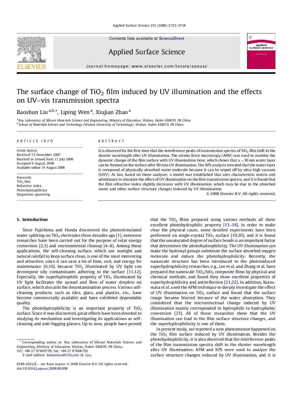 The surface change of TiO2 film induced by UV illumination and the effects on UV-vis transmission spectra