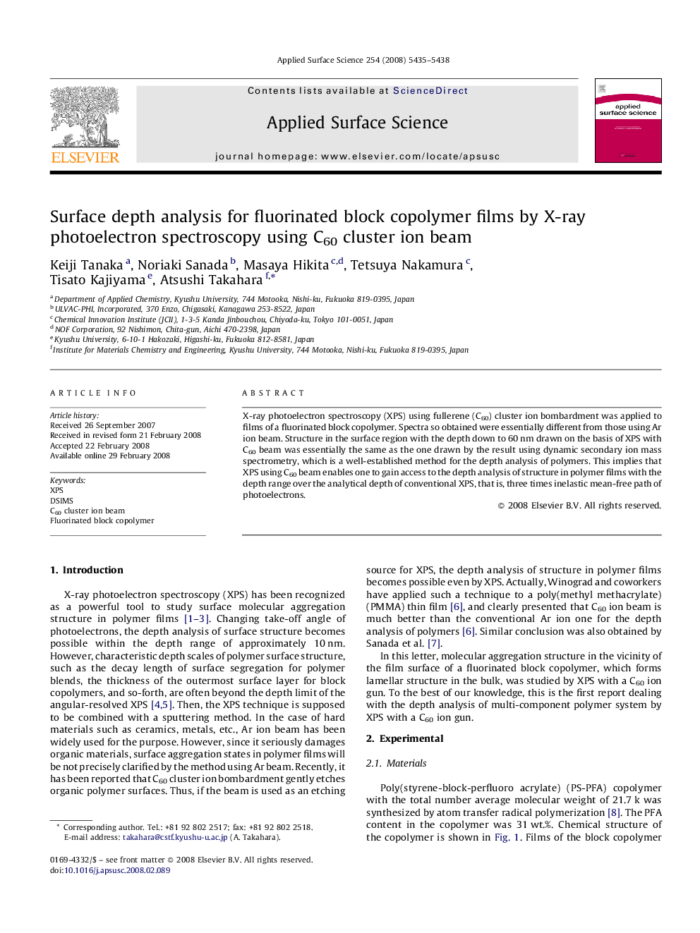 عکس صفحه اول مقاله: Surface depth analysis for fluorinated block copolymer films by X-ray photoelectron spectroscopy using C60 cluster ion beam Surface depth analysis for fluorinated block copolymer films by X-ray photoelectron spectroscopy using C60 cluster ion beam