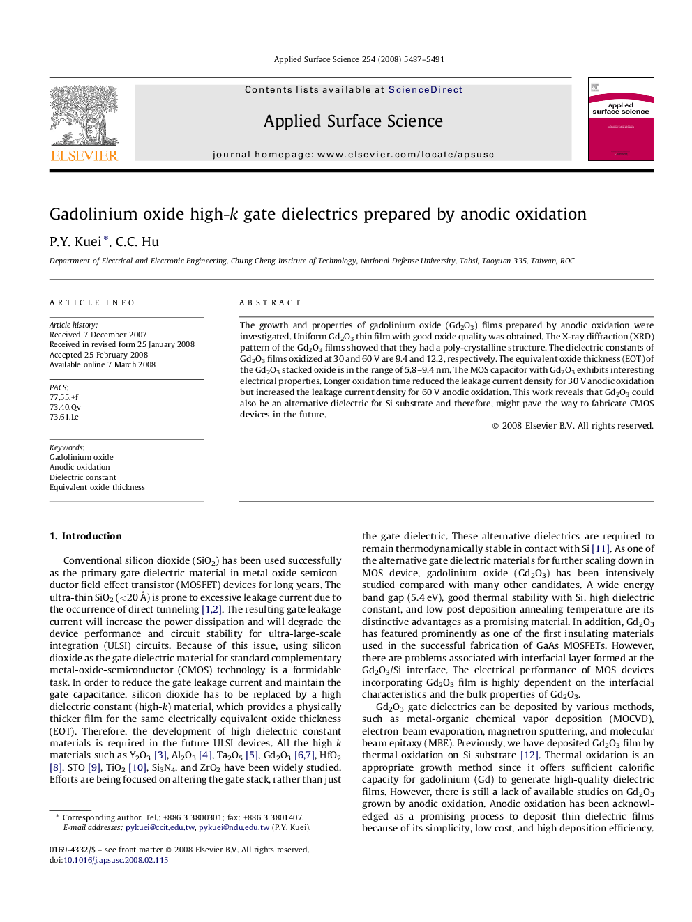 Gadolinium oxide high-k gate dielectrics prepared by anodic oxidation