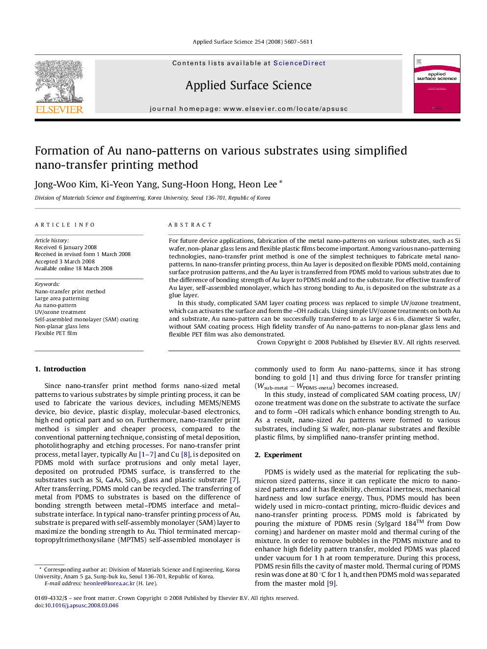 عکس صفحه اول مقاله: Formation of Au nano-patterns on various substrates using simplified nano-transfer printing method Formation of Au nano-patterns on various substrates using simplified nano-transfer printing method