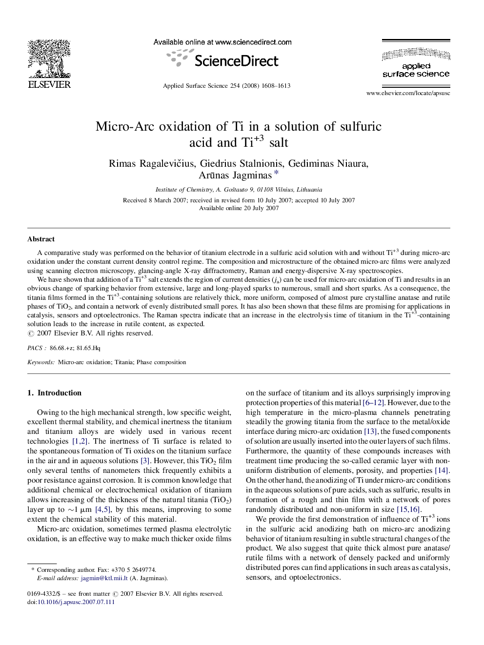 Micro-Arc oxidation of Ti in a solution of sulfuric acid and Ti+3 salt