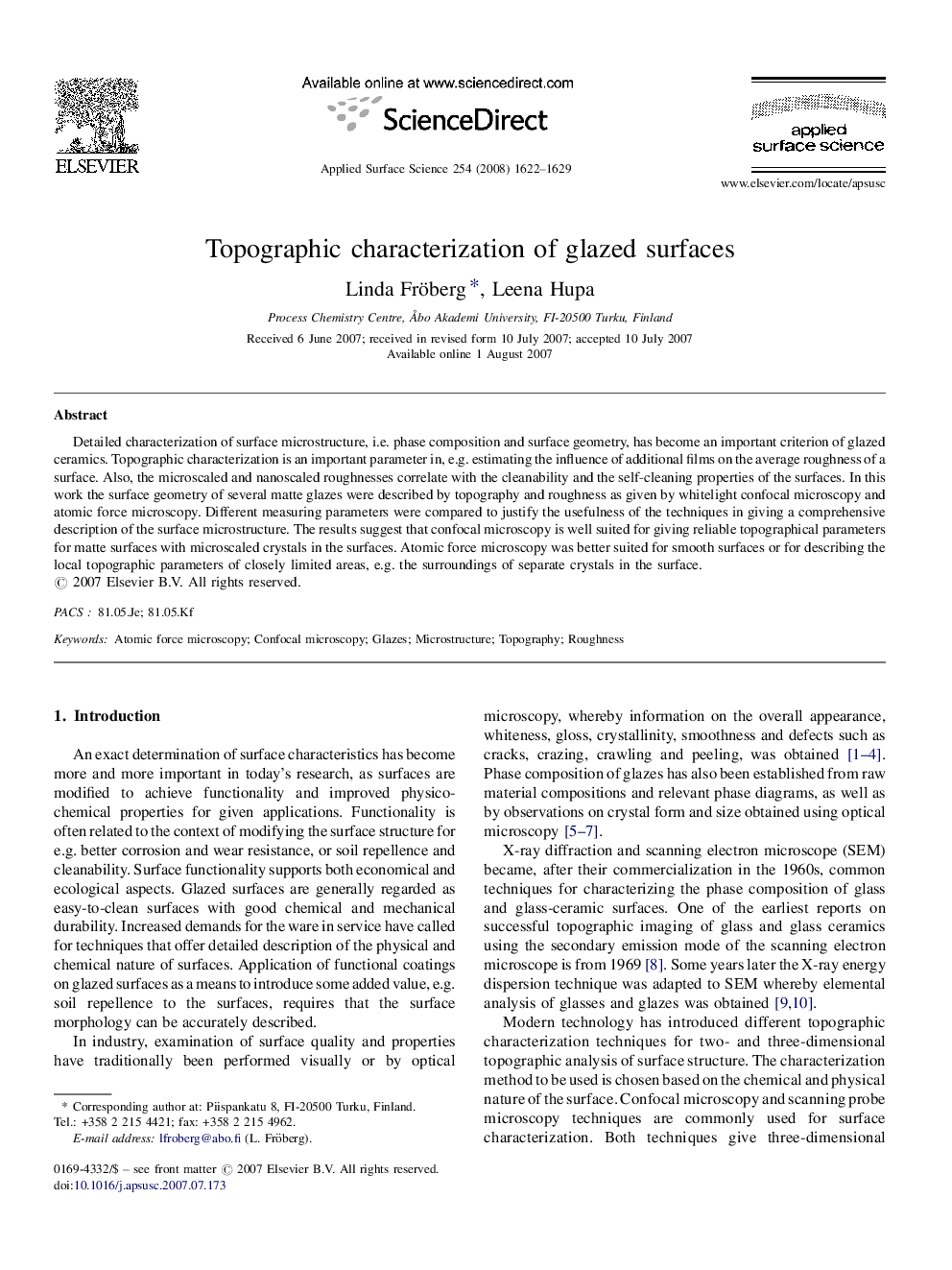 Topographic characterization of glazed surfaces