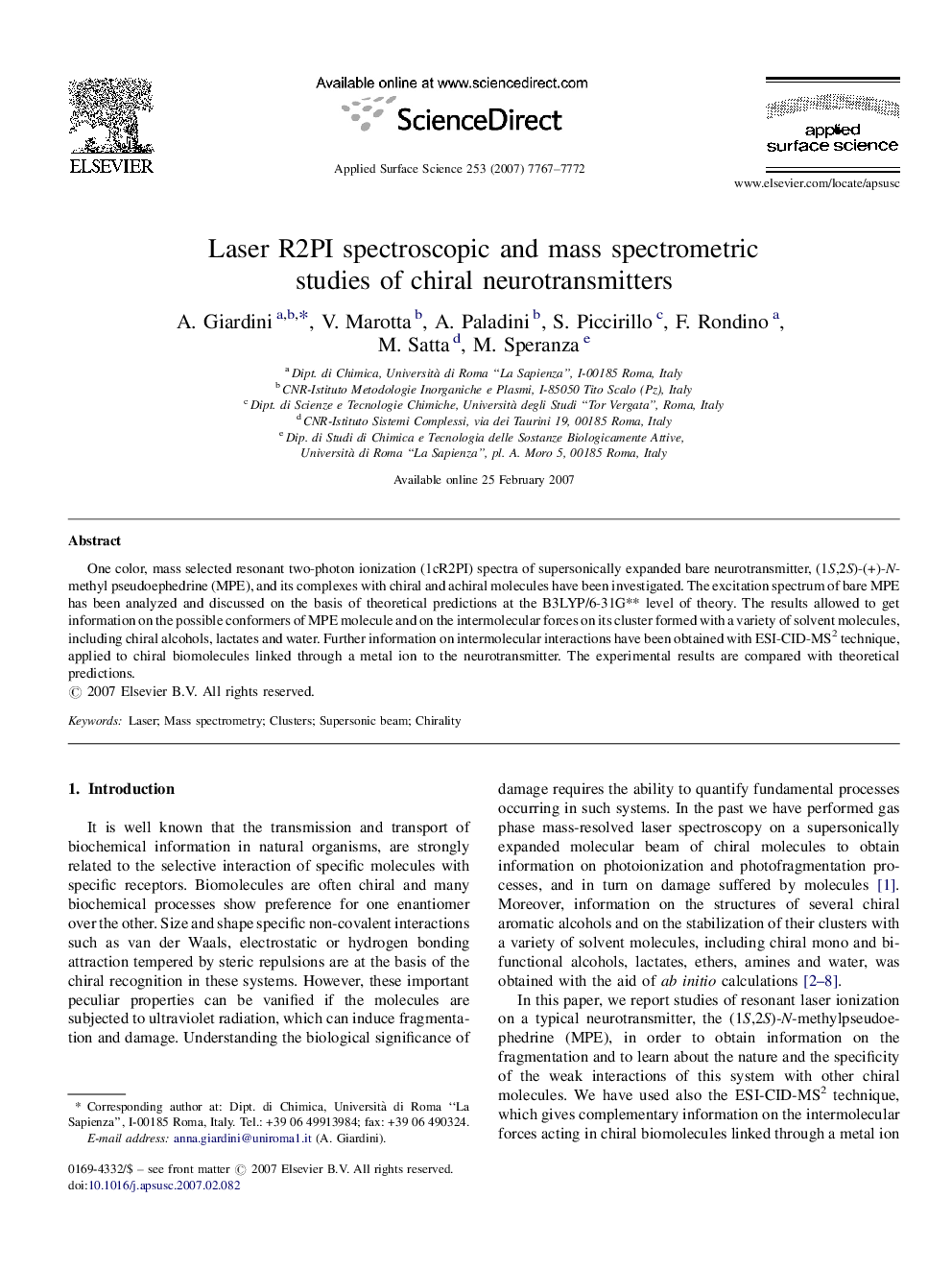 Laser R2PI spectroscopic and mass spectrometric studies of chiral neurotransmitters