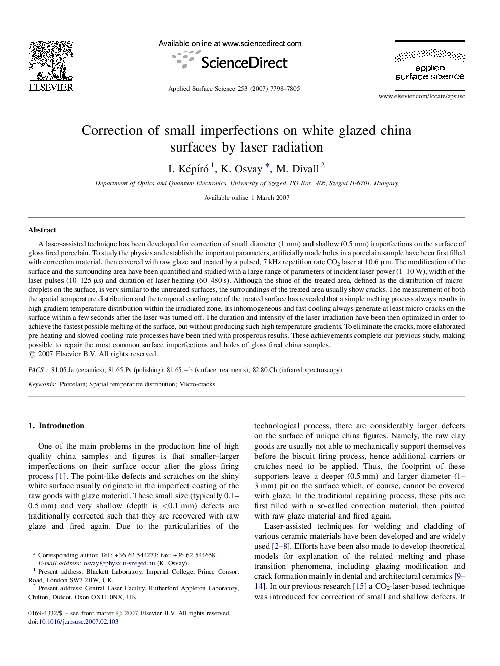 Correction of small imperfections on white glazed china surfaces by laser radiation