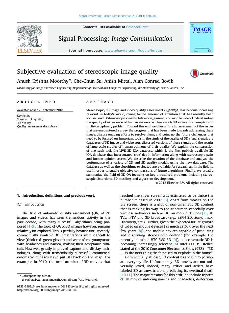 Subjective evaluation of stereoscopic image quality